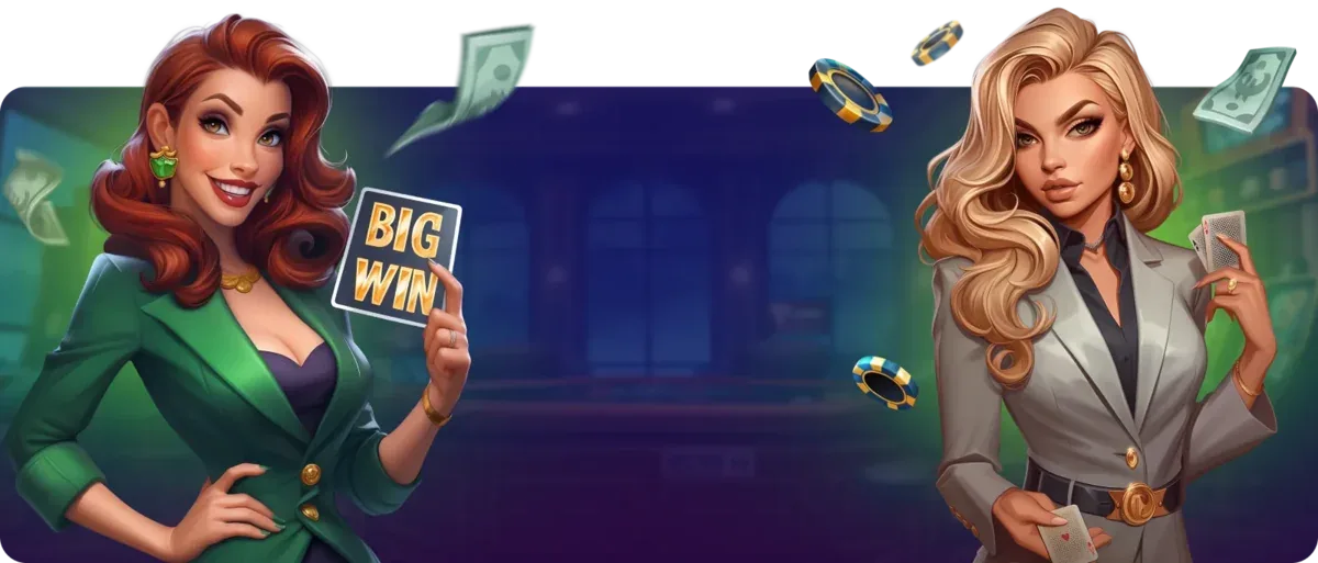 Illustrierte SpinMama-Figuren mit Spielkarten, Jetons und Banknoten